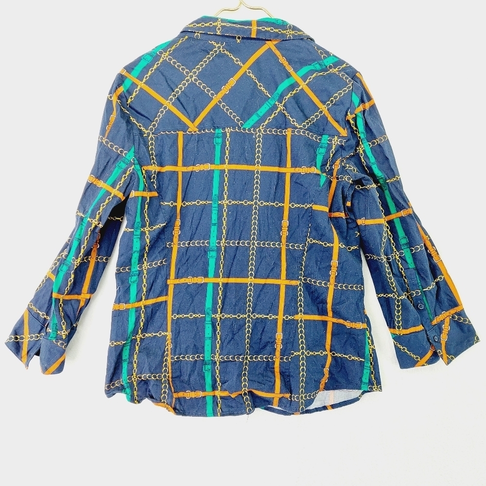 7th Avenue Design New York & Company Blue Chain Square Button Down Shirt P3039 - Picture 4 of 9